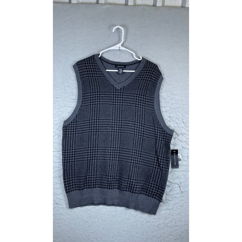 Structure Sweater Vest Mens XL Gray New Houndstooth V-Neck Cotton Wool Blend